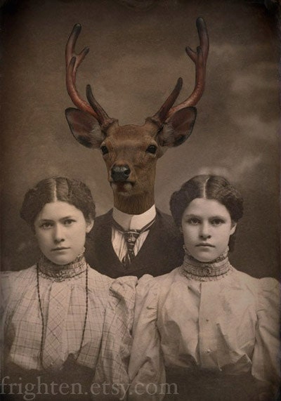 Deer Art Print, Mixed Media Collage Print, Altered Vintage Family Photo, Brother Deer 5x7, Woodland Art