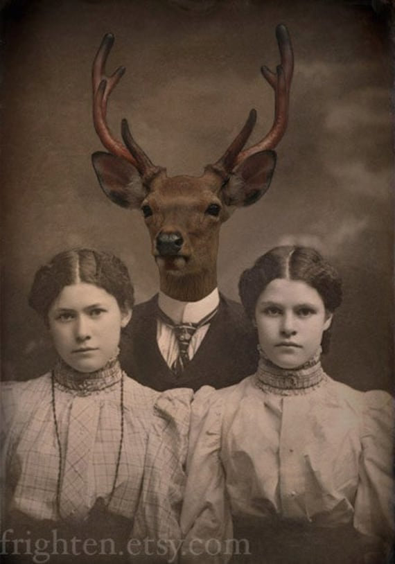 Deer Art Print, Mixed Media Collage Print, Altered Vintage Family Photo, Brother Deer 5x7, Woodland Art