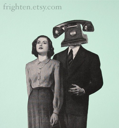 Mint and Black Original Collage on Paper, Wrong Number