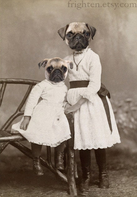 Pug Girls, Mixed Media Collage Print, 5x7 Altered Antique Portrait of Two Sisters, Dog Art Print, frighten