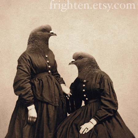 Bird Art, Mixed Media Collage Print, The Pigeon Sisters, Altered Antique Portrait, frighten