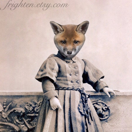 Fox Art, Mixed Media Collage Print,  Jackson, Altered Victorian Photograph, frighten