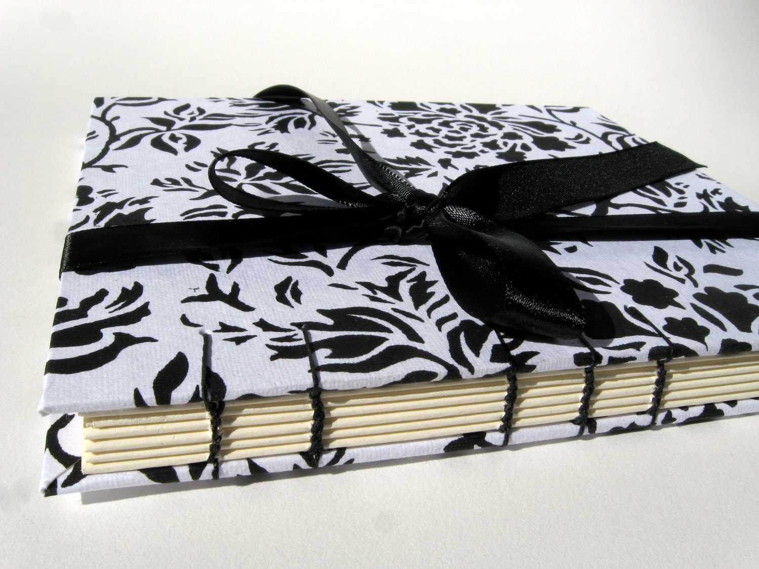 Wedding Guest Book - Coptic Stitch Handmade Book, Black and White Floral Print, Ribbon, Made to Order