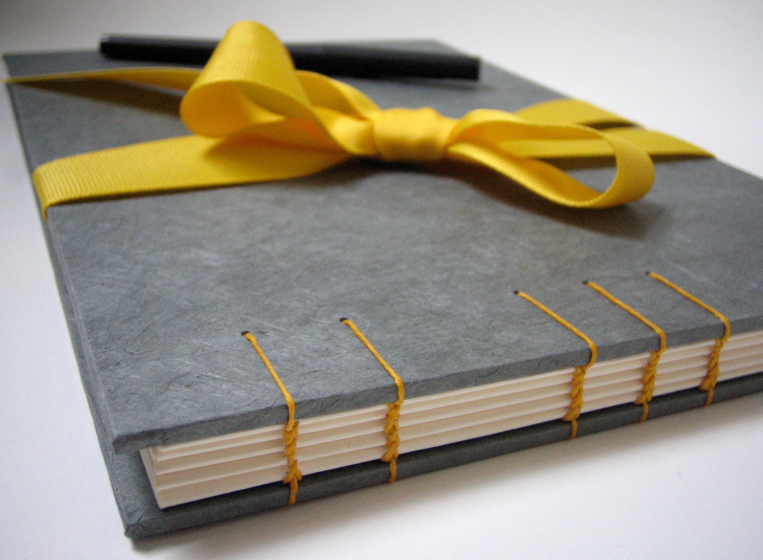 Gray Wedding Guest Book - Coptic Stitch Binding, Hand Bound Book, Gray and Yellow, Made to Order - nickelplatepress