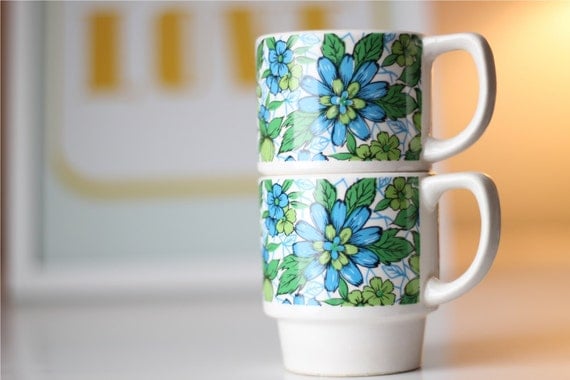 Two Vintage Mugs - Stacking Retro Set of Mugs - Blue and Green Floral Stacking Cups - Mug Set