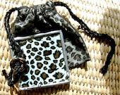 Vanity Purse Mirror w/ Black Mesh Covered Drawsting Bag Animal Fabric