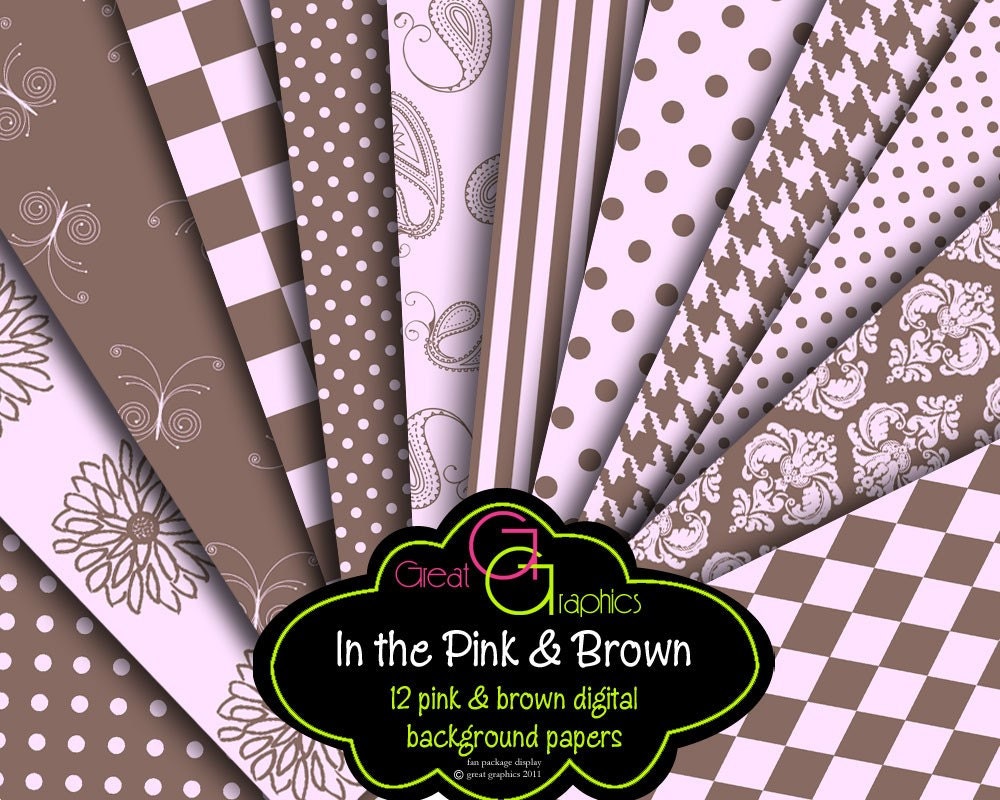 Pink and Brown Digital Paper Printable Background Paper Invitation Party Paper Houndstooth Polka Dot Paisley - Instant Download Il_570xn