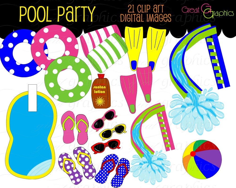 Pool Party Clip Art, Digital Pool Party, Digital Clip Art, Pool Party Clipart, Swimming Pool, Flip Flops, Instant Download Il_570xn