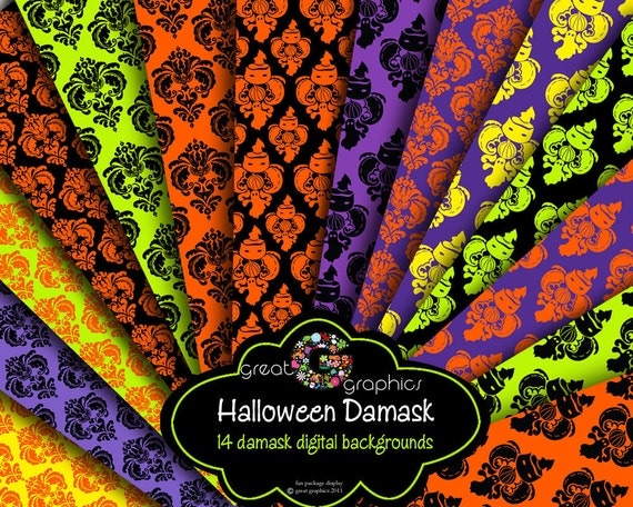 Damask Halloween Backgrounds, halloween damask digital background sheets, printable Halloween background paper Il_570xn