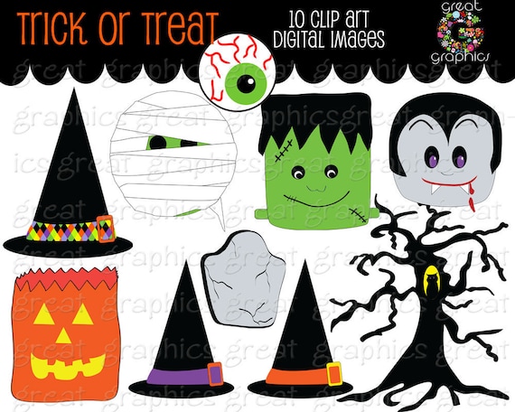 Halloween Clip Art, printable halloween trick or treat clip art, clip art witch hats, mummy, dracula, frankenstein digital clip art Il_570xn