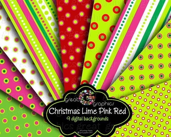Christmas backgrounds, digital Christmas printable hot pink lime red Backgrounds sheets, red, hot pink, lime, holiday backgrounds Il_570xn