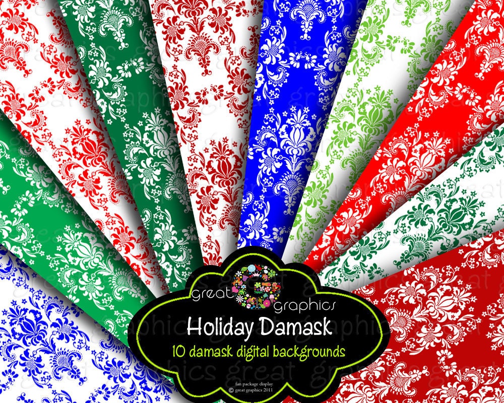 Christmas Background Holiday damask backgrounds, digital Christmas damask background in red and green, holiday printable damask backgrounds Il_570xn