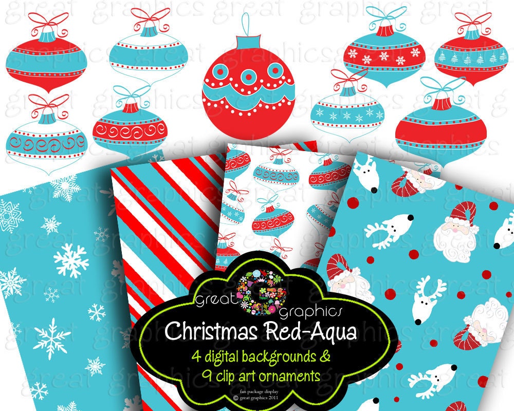 Christmas Clip Art Christmas backgrounds, printable red aqua christmas digital clip art and backgrounds red aqua Christmas ornaments Il_570xn