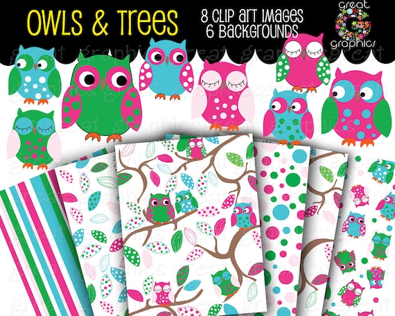 Preppy Owl Clip Art Owl Digital Paper Owl Digital Clipart Digital Paper Pink and Green Party Paper - Instant Download Il_570xn