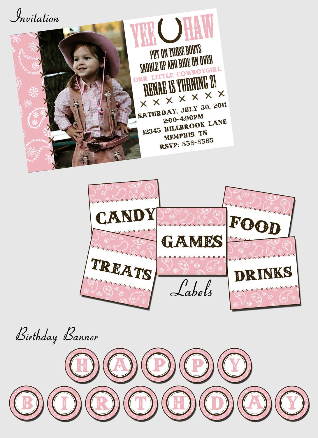 Western Birthday DIY Customizable Printable Party Package includes Invitation (Red or Pink Option) Il_170x135