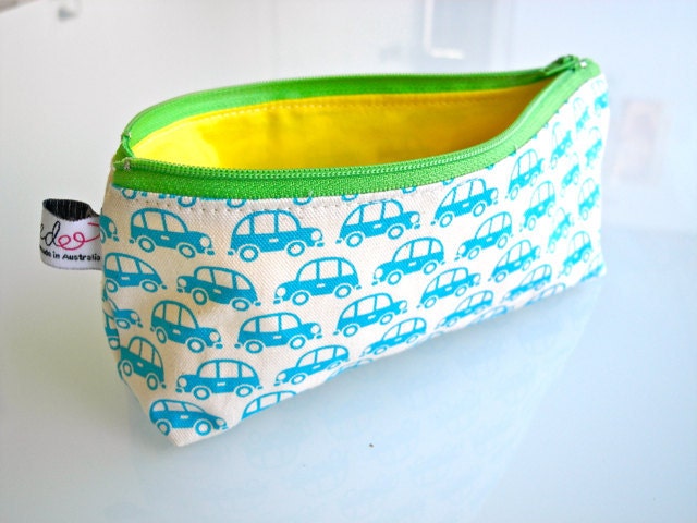 Zippered Pencil Case / Pouch - Cars (Light Blue)
