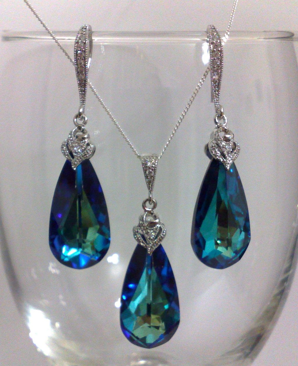 Something Blue Teal Peacock Weddings Jewelry, Oval Teardrop Bridesmaids Earrings and Necklace, BERMUDA BLUE SET (1 set)