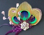 Purple Peacock Fascinator, Boho Bridal Feather Hairclip, Upcycled Vintage Rhinestone, ZENA