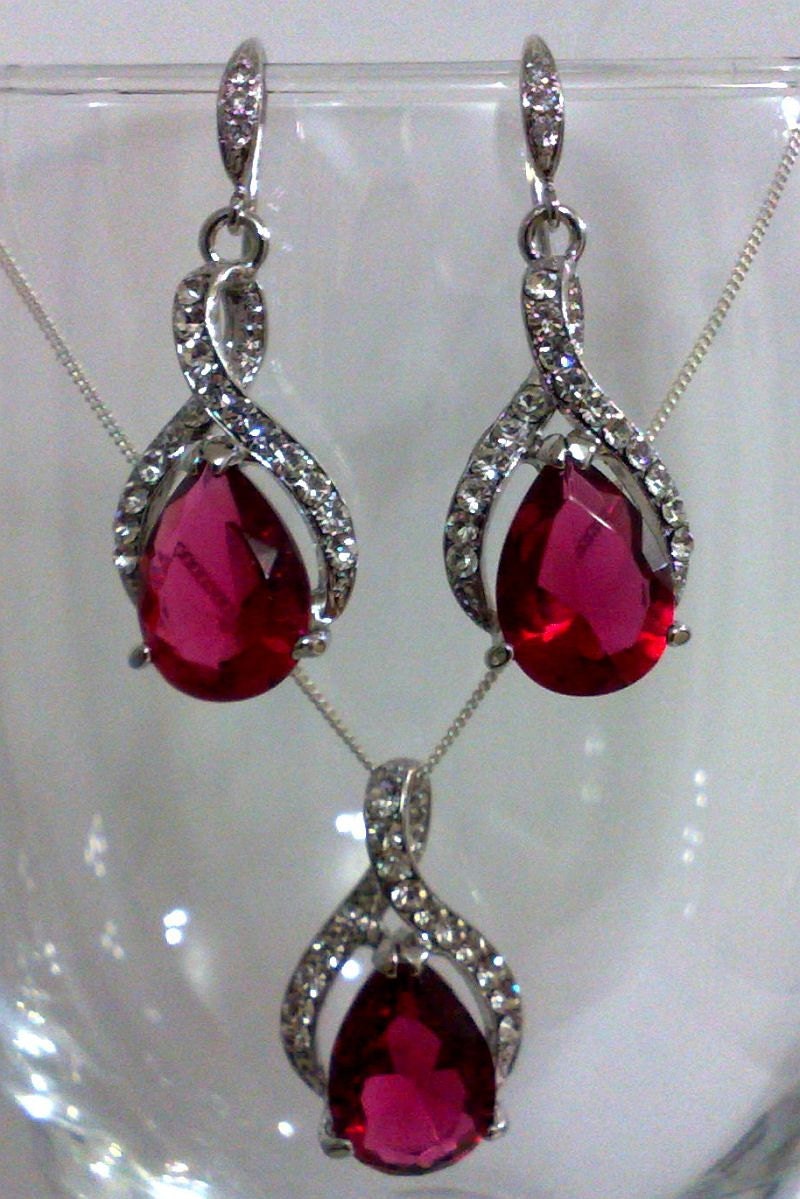 Dark Pink Bridal Earrings and Fuchsia Bridesmaids Necklace, Oval Teardrop Wedding Party Jewelry, FUCHSIA TWIRL SET