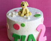 Fondant Dog, Bones, Polka Dots and Birthday Kid's Name and Age Cake Decorations for a Doggie Themed Party