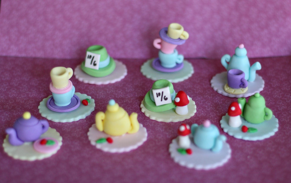 Fondant Wonderland Tea Party Toppers with Teapots, Teacups, Mushrooms and Hats for Decorating Cupcakes or Cookies
