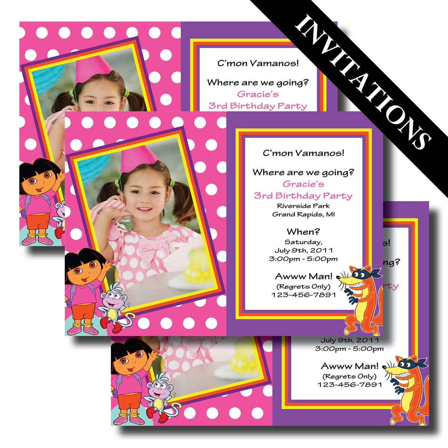 DORA the EXPLORER Birthday Party Pack - Printable Photo INVITATIONS and Party Supplies - Dora, Boots and Swiper