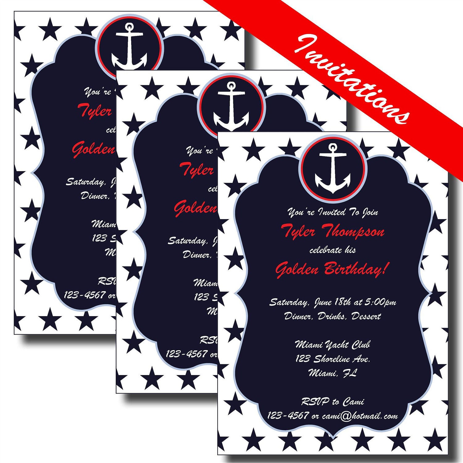 Buy gift tags and ecards - NAUTICAL Birthday Party or Baby Shower - Printable INVITE and Party Supplies - Anchors, Stars, Stripes, Sailboats - Red, White, Blue