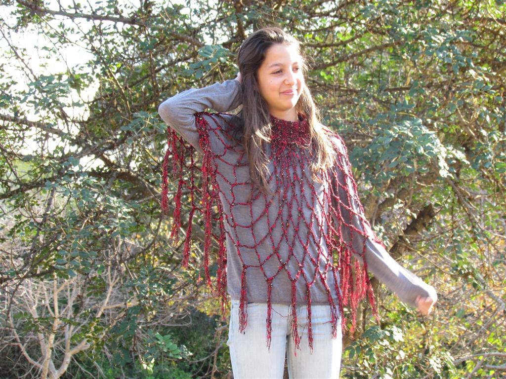 Spring Red Lattice Shawl, Knit Lace Shawl, Hand Knit Wrap, Crocheted Poncho