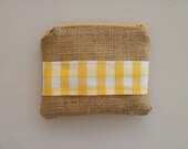 Linatsa Yellow gingham and Burlap zipper pouch purse