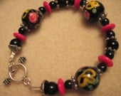 Sale-Black Floral Lampwork Glass and Vintage Red Beaded Bracelet, free shipping