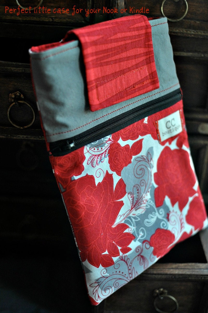 Nook or Kindle Case in Red and Grey Roses-IPAD version availabe