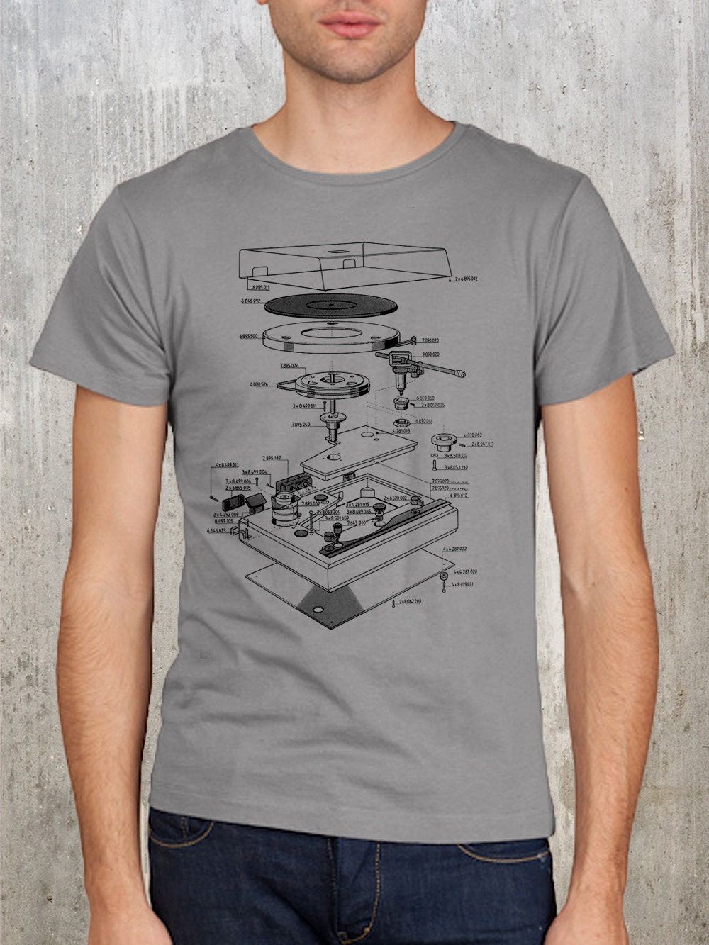 Men's Tshirt of Vinyl Turntable Explosion Diagram - Men's Small, Medium, Large, XL and 2XL Available