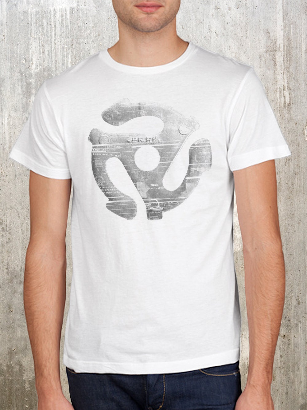45 RPM - Men's Screen Printed Graphic T-Shirt of Vinyl Record Adapter - Available in S, M, L, XL and 2XL
