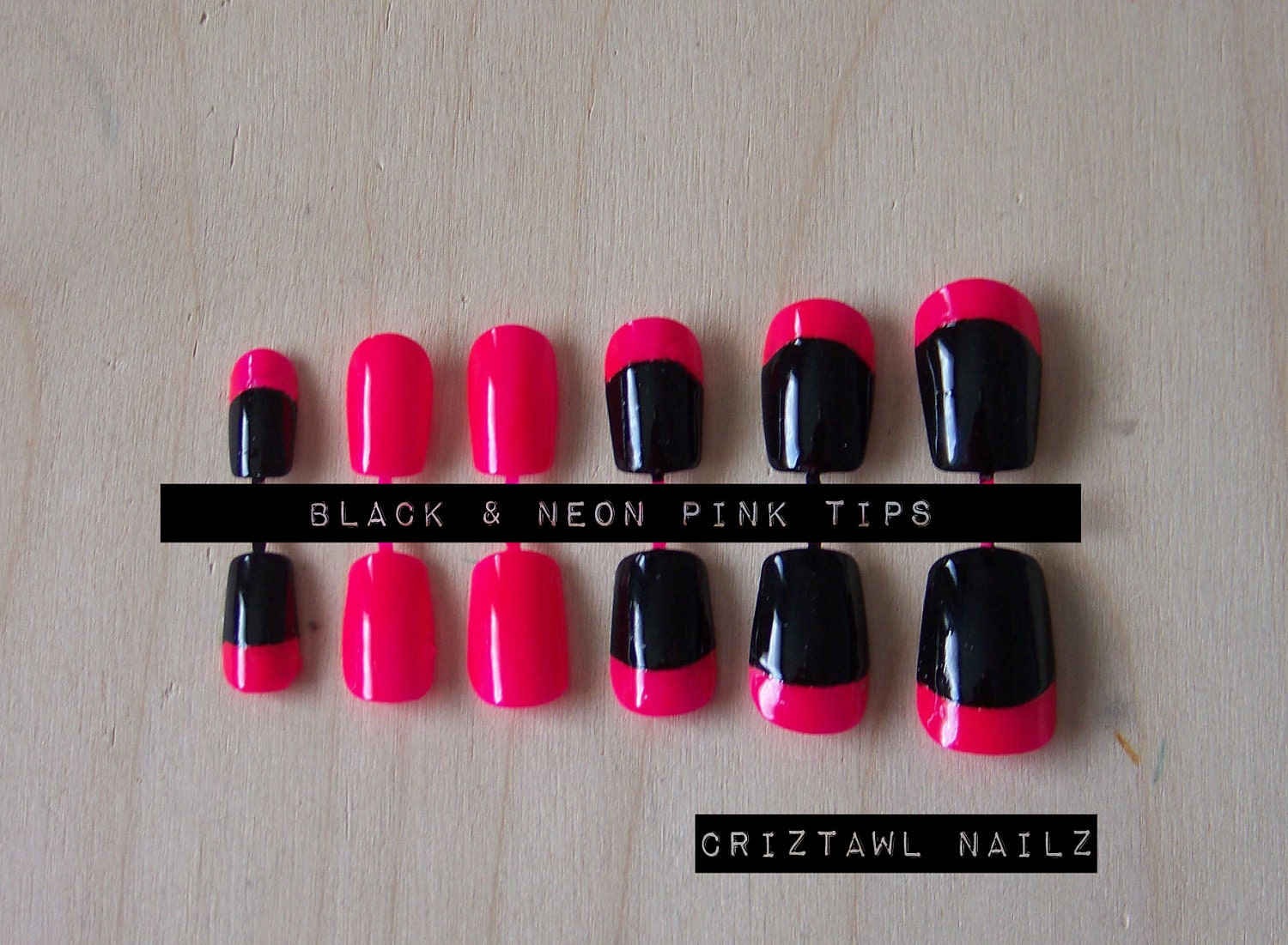Black & Neon Pink Tip Nail Art Set