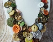 Bountiful Buttons - Vintage Button Necklace,Statement,AWARD WINNING,Green/Coral/Pearl/Ivory Buttons on Brass Chain,Repurposed