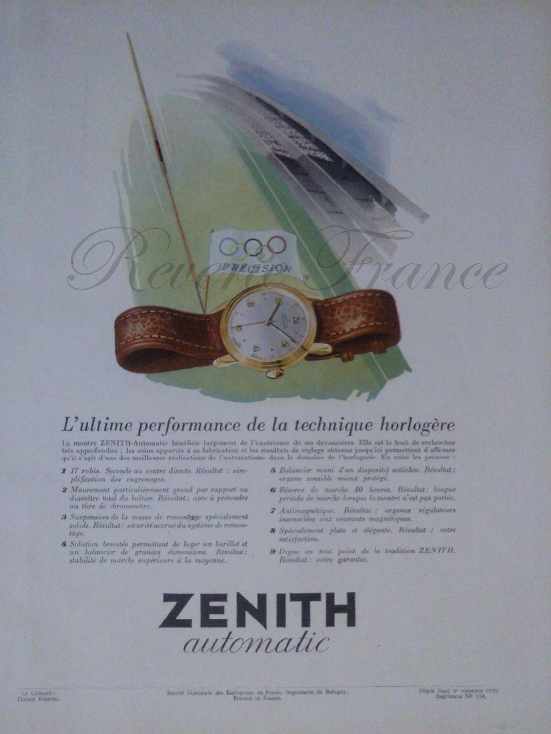 Original Vintage French Ad - Zenith Watch 1954