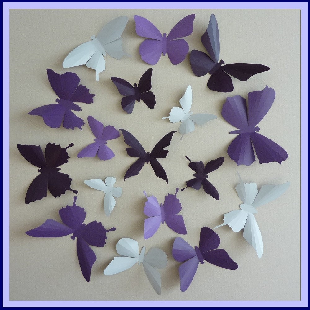 3D Wall Butterflies - 15 Lavender, Lilac Purple, Dark Plum, White Butterfly Silhouettes, Nursery, Home Decor, Wedding