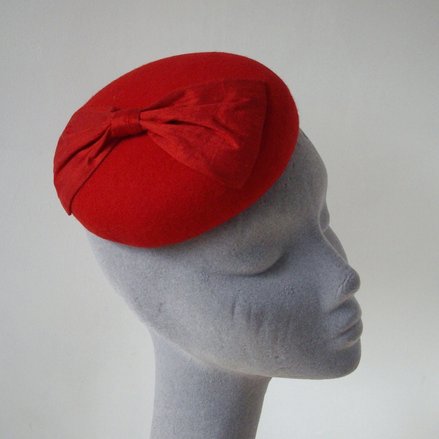 Red Felt Hat- Beret Hat with Silk Bow