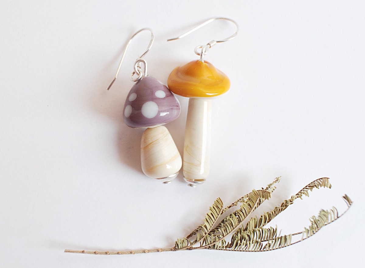 Mushrooms Funny Earrings Lampwork Glass beads  Violet and Mustard