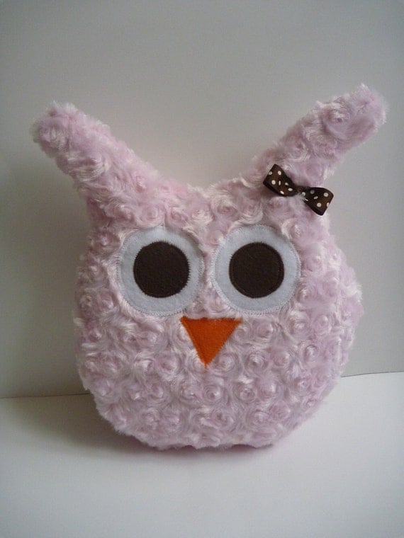 minky owl pillow for girl owl room decor or owl nursery, plush owl in pink