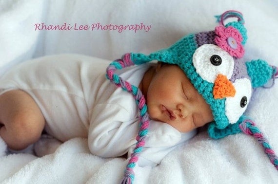 Baby Girl Crochet Owl Hat with Flower- Made to Order- Newborn-5T-  Teal, Purple, Pink