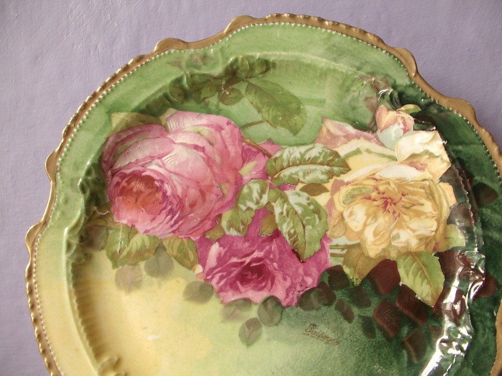 Antique roses plate, vintage LRL Limoges France hand painted charger, green yellow pink roses porcelain china plate