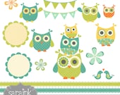 Owls and Flowers Clip Art Download in Blue Greens - Personal and Commercial Use Digital clipart