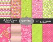 Digital Papers Download - Pink and Lime Green Graphic Scrapbook Papers for Personal and Commercial Use