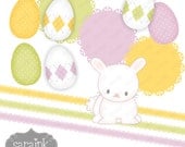 Easter Clip Art Download - Easter Eggs. Easter Bunny. Ribbons and Scalloped Notes -PNG files - Commercial & Personal Use