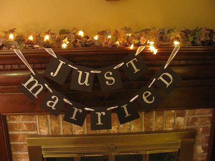 Wedding Banner Just Married Sign Garland  Black and Silver Can Custom Colors