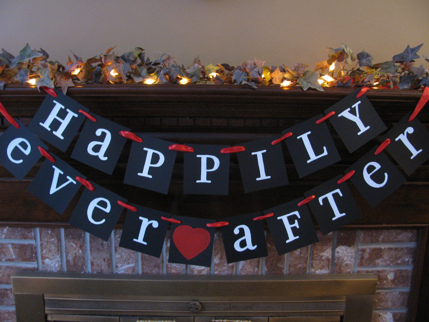 Wedding Banner Happily Ever After Garland Sign Black White and Red Can Custom Colors