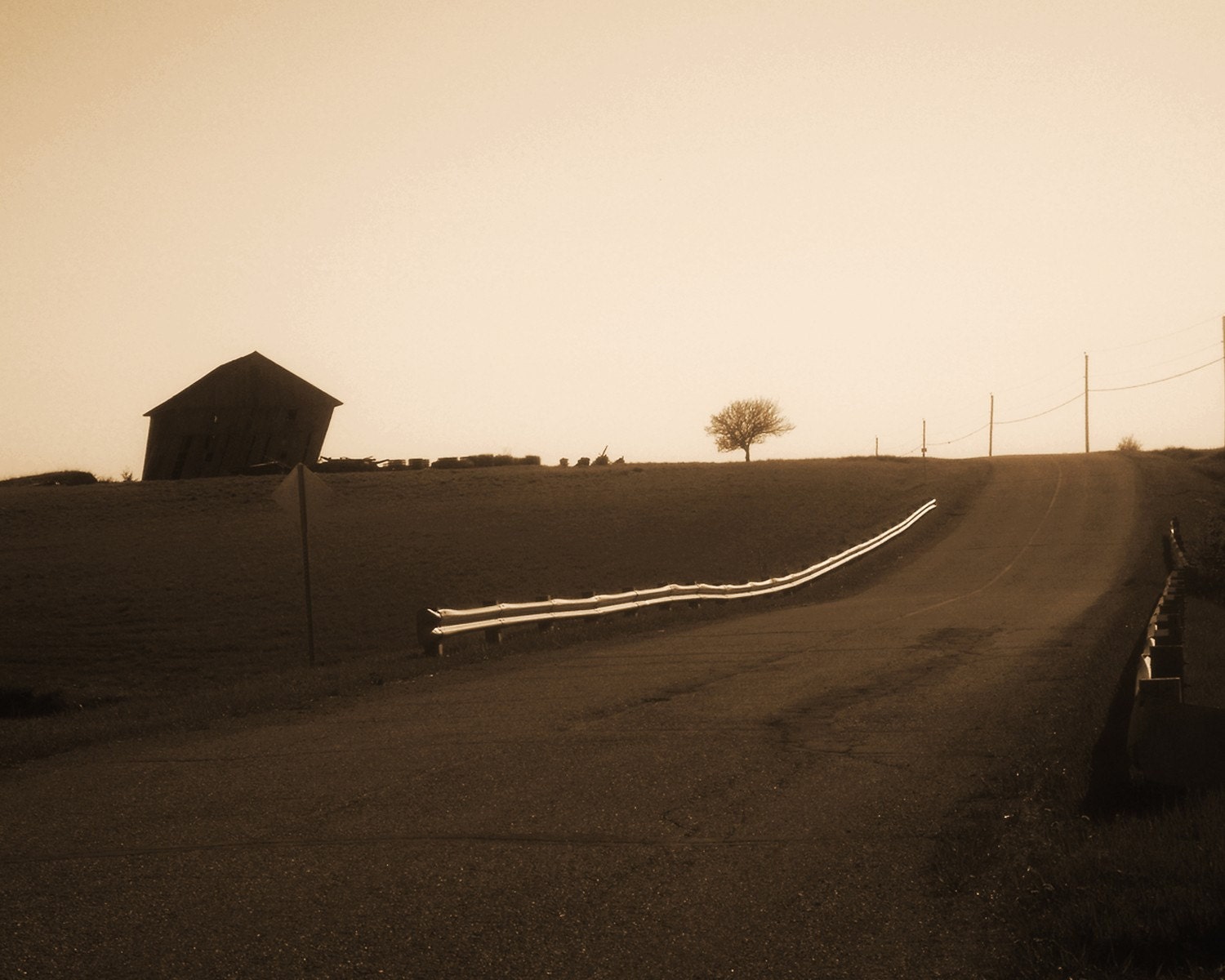 Down That Road, country hills, abandoned barn, rustic brown, contrast, around the bend, travel  8x10 - sepia print