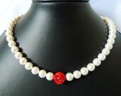 Item of the Month - Pearl Bridal Necklace - Sparkling Red Crystal Rhinestone Bead - Swarovski Pearls White Or Cream - Janelle
