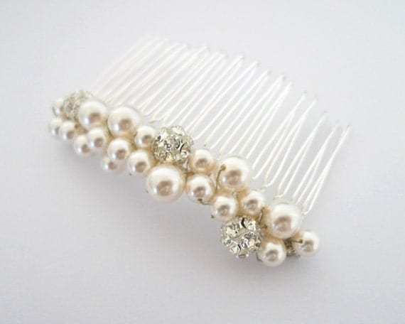 Bridal Haircomb - Pearl Haircomb - Swarovski Pearl Hair Comb - Bridesmaids Hair Accessory - Rhinestone Beads - Renee